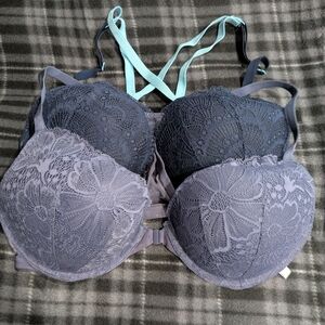 Elegant Lace Underwire Bra Set - Blue and Gray